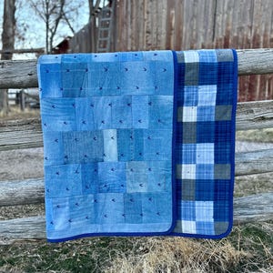 Handmade Denim Patchwork Quilt: Upcycled Jeans, Country Farmhouse Style (60x71 inches)