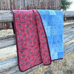 Handmade Denim Quilt: Upcycled Jeans, Burgundy Fleece Backing