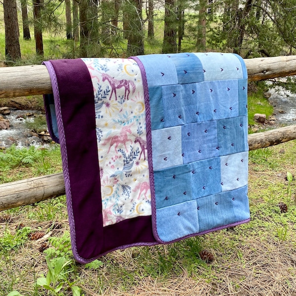 Denim Throw Blanket. Handmade Hand Tied Warm Heavyweight Denim Quilt. RV Cabin Country Farmhouse Decor. Upcycled Jeans Girls Unicorn Quilt.