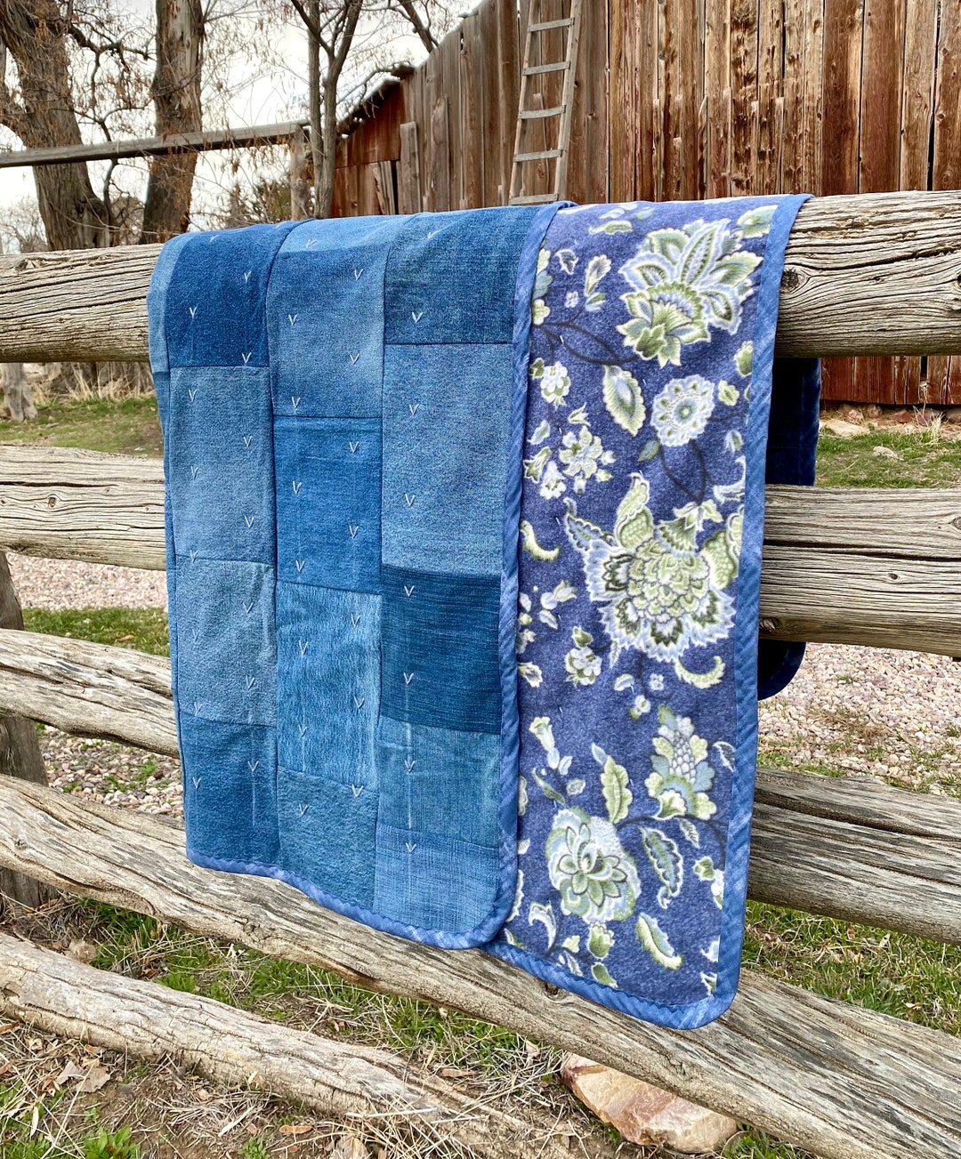 Handmade Denim Quilt. Hand Tied Heavy Denim Blanket. Farmhouse RV Tiny Home Camping Cabin Warm