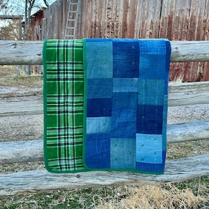 Handmade Denim Quilt: Upcycled Jeans, Green Plaid Fleece Throw