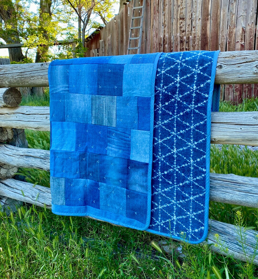 Handmade Denim Quilt. Hand Tied Heavy Denim Blanket. Farmhouse RV Tiny Home Camping Cabin Warm