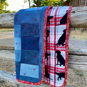 Handmade Upcycled Denim Quilt: Labrador Fleece Pet Throw (32x36)