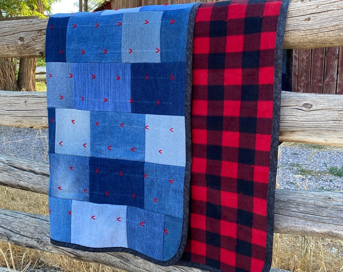 Denim Quilt. Classic Red Buffalo Check Heavy Denim Blanket. Hand Tied Upcycled Denim Levis Quilt