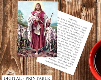 Good Shepherd PRINTABLE DOWNLOAD Catholic Prayer Card with Jesus and the 23rd Psalm - Double Sided Prayer Card