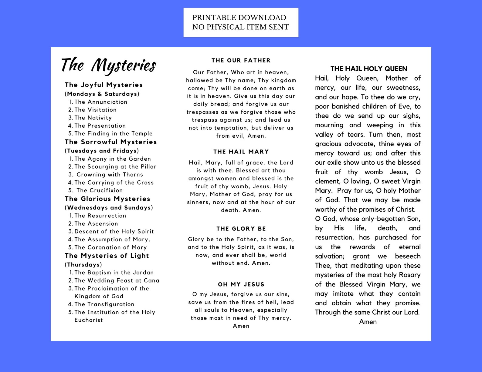 Rosary PRINTABLE DOWNLOAD Trifold Pamphlet With List of 4 Mysteries by ...