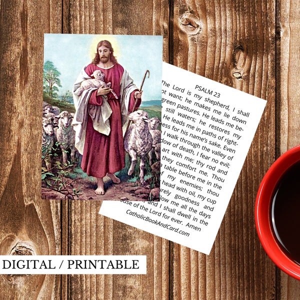 Good Shepherd PRINTABLE DOWNLOAD Catholic Prayer Card with Jesus and the 23rd Psalm - Double Sided Prayer Card