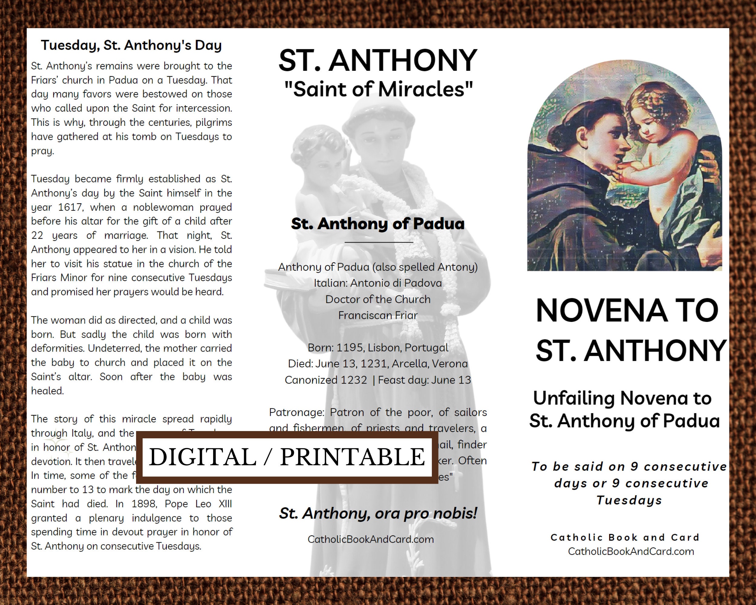 Saint Anthony Novena PRINTABLE DOWNLOAD Trifold Catholic Prayer Pamphlet Unfailing Novena With ...