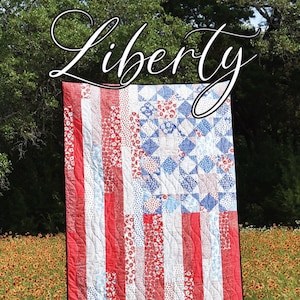Pode incluir: Um cobertor vermelho, branco e azul com um padrão de estrela no centro. O cobertor chama-se "Liberty" e é feito por Running Doe Quilts para Villa Rosa Designs.