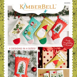 Pode incluir: Uma coleção de meias de Natal acolchoadas com vários designs e tamanhos. As meias apresentam motivos festivos como azevinho, enfeites, Papai Noel e árvores de Natal. O texto "Noel" e "Merry Christmas" é visível.