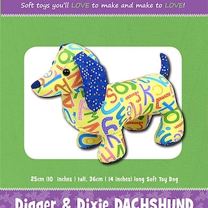 May include: A sewing pattern for a dachshund soft toy. The pattern is for two dachshunds named Digger and Dixie. The pattern includes instructions for making a 10-inch tall, 14-inch long soft toy dog.