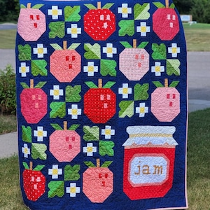 Curated Pineberry Quilt Pattern OR Kit - Pen and Paper Patterns - Navy Background, Red Strawberries