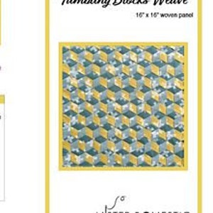 May include: Tumbling Blocks Weave quilting pattern with a yellow and gray geometric design. The pattern is 16 inches by 16 inches. The pattern is from Mister Domestic.