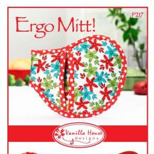 Puede incluir: Un par de guantes para horno rojos y blancos con un patrón floral. Los guantes están diseñados para ser usados por personas zurdas y diestras. El texto "Ergo Mitt!" y "¡No pongas el pulgar en la tarta!" está impreso en la imagen.