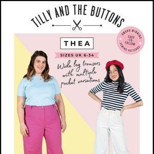 May include: A sewing pattern titled "THEA" by Tilly and the Buttons, featuring wide-leg trousers with multiple pocket variations. The pattern includes sizes UK 6-34. The image shows two women wearing the trousers. The text "SEWING PATTERN FOR IMPROVERS" is also visible.
