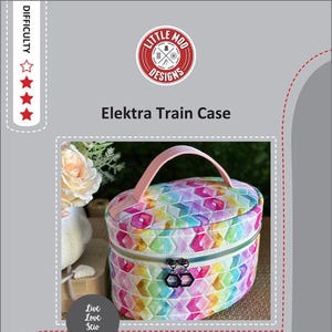 May include: A colorful fabric train case with a pink handle and a zipper closure. The case is 8 inches wide, 7 inches high, and 5 inches deep. The sewing level is intermediate.
