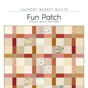 May include: A quilt pattern called "Fun Patch" with a patchwork design featuring various floral and geometric patterns in shades of red, pink, beige, and brown. The quilt is 44 inches by 55 inches.