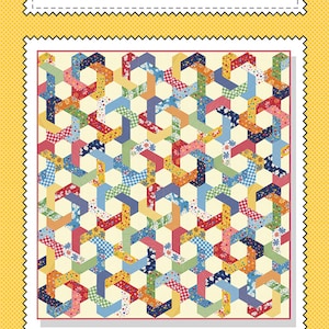 Puede incluir: Un patrón de acolchado con un diseño geométrico con una variedad de telas de colores. El patrón se llama "Winning Combination" y está diseñado por Sandy Klop para American Jane Patterns.