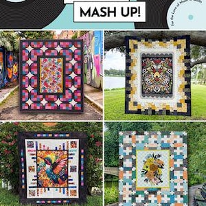May include: A promotional image for "Panel Mash Up!" featuring four colorful quilts with various designs. The quilts showcase floral, geometric, and bird motifs. The image includes text such as "20 Original Panel Designs" and the names of the designers.