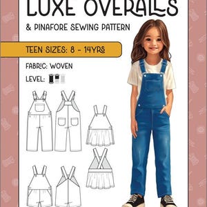 May include: A sewing pattern for Luxe Overalls & Pinafore, teen sizes 8-14 years. The pattern includes diagrams and instructions. The image shows a young person wearing blue denim overalls. The fabric is woven.