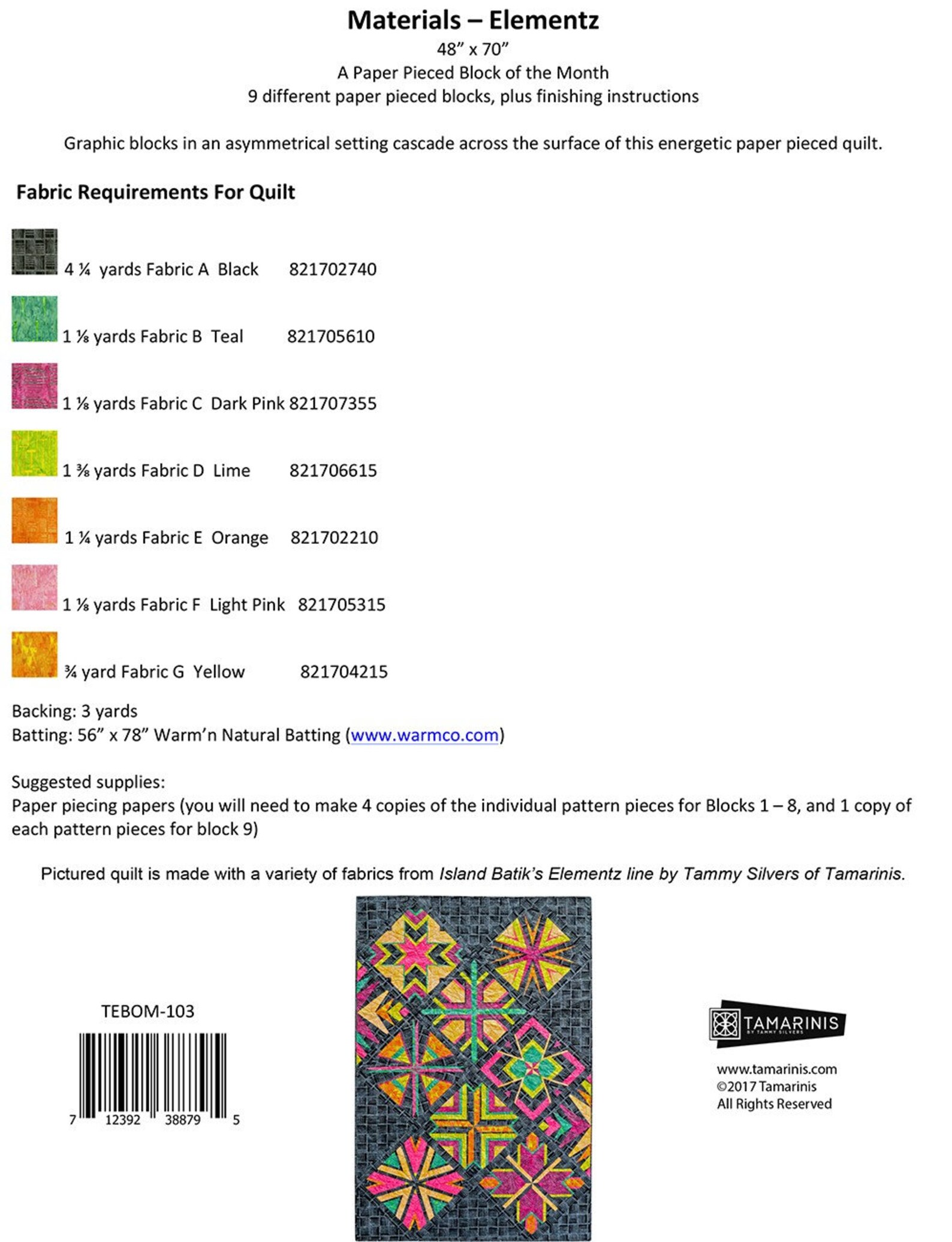 Elementz Block of the Month Quilt Pattern BOM From Etsy