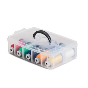 May include: A clear plastic storage box with a black handle, divided into compartments, containing spools of colourful thread.