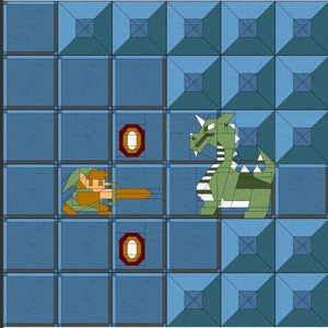 May include: A pixelated green dragon with white stripes against a blue background. A pixelated green and blue character with a sword is facing the dragon.