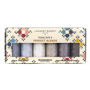 May include: A box set of six spools of thread in various shades of gray and white. The box is labeled "Laundry Basket Quilts" and "Penelope's Perfect Blends." Each spool contains 400m (437yd) of thread. The brand name "Wonderfil" is also visible.