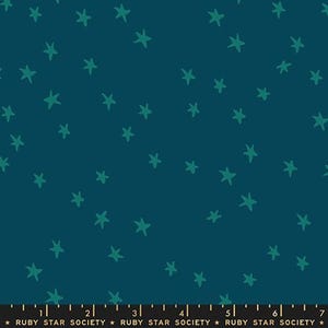 May include: Teal fabric with a scattered star pattern in a darker teal color. The stars are hand-drawn in a simple, irregular style. The fabric has a solid teal background.