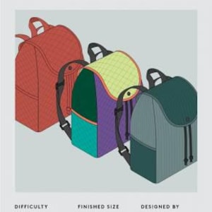 May include: Illustration of three quilted Pembina backpacks in red, multi-color, and teal. The bags have adjustable straps and a drawstring closure. The text reads "PEMBINA BACKPACK QUILTED BAG PATTERN". Finished size: 11" wide, 13.5" high, and 5.5" deep.