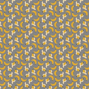 May include: A seamless pattern of yellow bananas on a grey background. The bananas are arranged in a repeating pattern, with some bananas peeled and some whole.