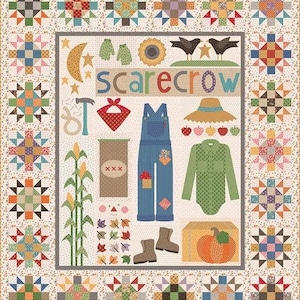 May include: A patchwork quilt block design featuring a scarecrow with a straw hat, overalls, and a plaid shirt. The design includes corn stalks, a pumpkin, and a variety of other autumnal elements. The quilt block is surrounded by a border of smaller patchwork blocks.