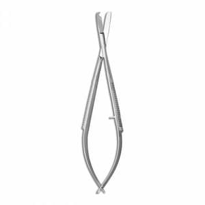 May include: A pair of silver surgical scissors with curved blades.