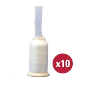 May include: A pack of 10 clear spools of thread, each spool is wrapped in clear plastic.