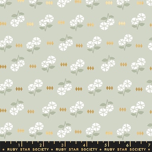 May include: A repeating pattern of white stylized flowers with green stems on a light green background. Gold glitter diamond shapes are scattered throughout the pattern.