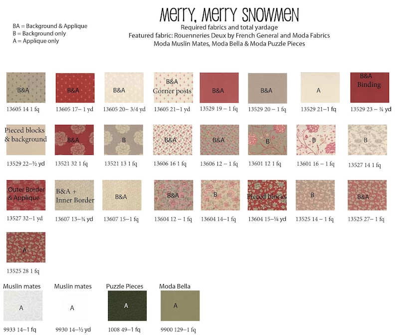 Puede incluir: Un gr&aacute;fico que muestra los requisitos de tela para un proyecto de acolchado llamado "Merry, Merry Snowmen". El gr&aacute;fico enumera los nombres de las telas, los n&uacute;meros y el metraje necesarios para cada pieza del acolchado. Las telas incluyen Moda Muslin Mates, Moda Bella y Moda Puzzle Pieces.