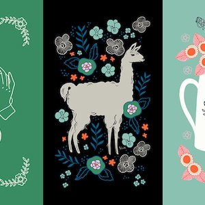 Peut inclure: Trois illustrations sur fond vert, noir et bleu. La première illustration est un contour blanc de deux mains tenant une pelote de laine et une forme de cœur faite de laine. La deuxième illustration est un lama blanc avec un corps gris debout dans un champ de fleurs. La troisième illustration est une théière blanche avec un motif d'oiseau rose sur le côté. La théière est entourée de fleurs et de papillons.