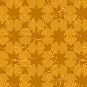 May include: A seamless pattern featuring a repeating design of stylized birds, bees, and stars on a mustard yellow background.