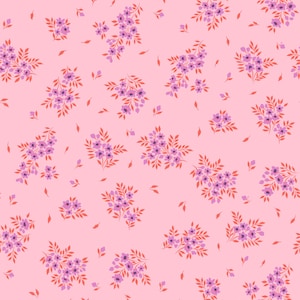 May include: A repeating pattern of small purple flowers and reddish-orange leaves on a light pink background. The floral design is evenly distributed across the surface, creating a delicate and feminine aesthetic. The pattern is suitable for fabric or wallpaper.