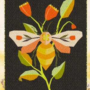 May include: A geometric illustration of a bee with orange and yellow stripes, surrounded by orange flowers and green leaves. The bee has cream-coloured wings with orange accents, set against a dark grey background.