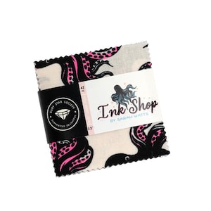 May include: A stack of 42 fabric squares measuring 2.5 inches, featuring a black and pink octopus pattern on a cream background. The stack is secured with a white paper band labeled Ink Shop by Sarah Watts and Ruby Star Society.