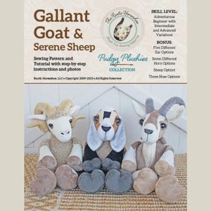 May include: A sewing pattern titled "Gallant Goat & Serene Sheep" featuring three plush toy patterns. The image includes a goat, a sheep, and a dog plushie. The text indicates the pattern includes step-by-step instructions and photos.