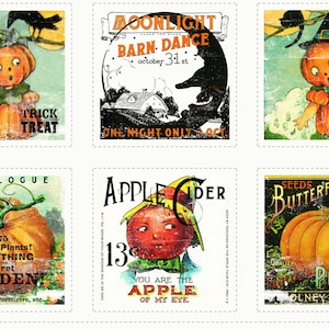 May include: A vintage style collage of six images featuring pumpkins, with text such as "Trick Treat", "Corn Maze", "Moonlight Barn Dance", "Apple Cider", "Butterfly Brand Pumpkin Seeds", and "Secret Garden".