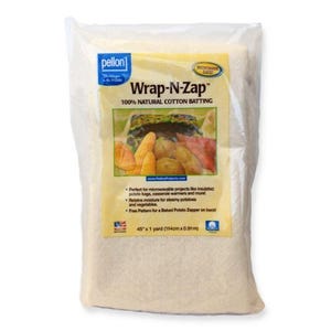 Może przedstawiać: Przezroczysta plastikowa torba zawierająca watę bawełnianą Wrap-N-Zap 100% naturalną. Etykieta zawiera tekst i obraz ugotowanych ziemniaków. Produkt ma wymiary 114 cm na 0,91 m.