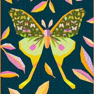 May include: A vibrant, geometric illustration featuring a butterfly against a dark teal backdrop. The butterfly's wings are yellow, green, and orange, adorned with insect patterns. Pink and orange leaves frame the butterfly, creating a striking visual.