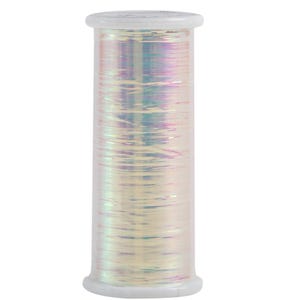 May include: A spool of iridescent thread, showcasing a shimmering, multi-colored effect. The thread is wound tightly on a white plastic spool, creating a cylindrical shape. The thread's colors shift between pale yellow, pink, and blue.