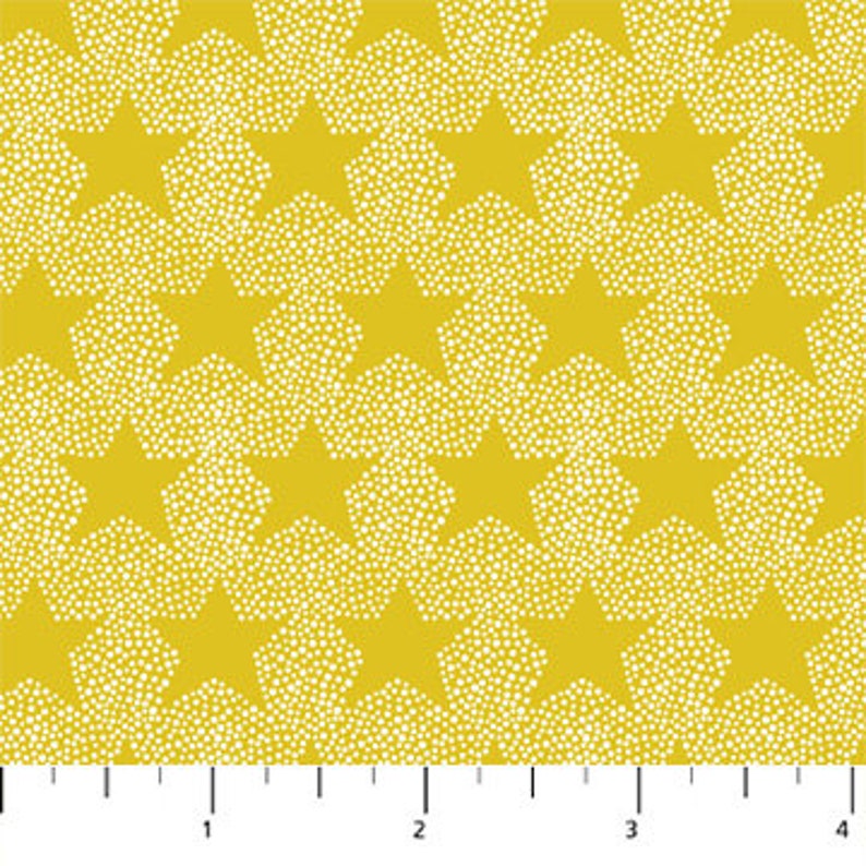 May include: A yellow fabric with a white star pattern. The stars are made up of tiny white dots.