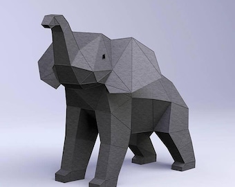 May include: A gray geometric elephant sculpture with a textured surface. The elephant is standing with its trunk raised, and its body is composed of angular, polygonal shapes. The sculpture has a modern, minimalist aesthetic.