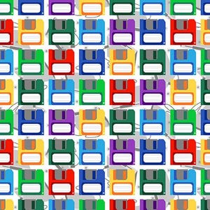 May include: A repeating pattern of colorful floppy disks on a white background. The disks are in various colors, including red, green, blue, yellow, and purple.
