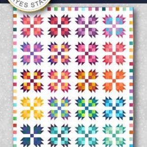 Pode incluir: Um padrão de colcha chamado "Bear Paw Patches 2.0" de Needle in a Hayes Stack. O padrão apresenta uma grade de 36 blocos de pata de urso coloridos, cada um com uma combinação de cores diferente. A colcha mede 70 polegadas por 86 polegadas.